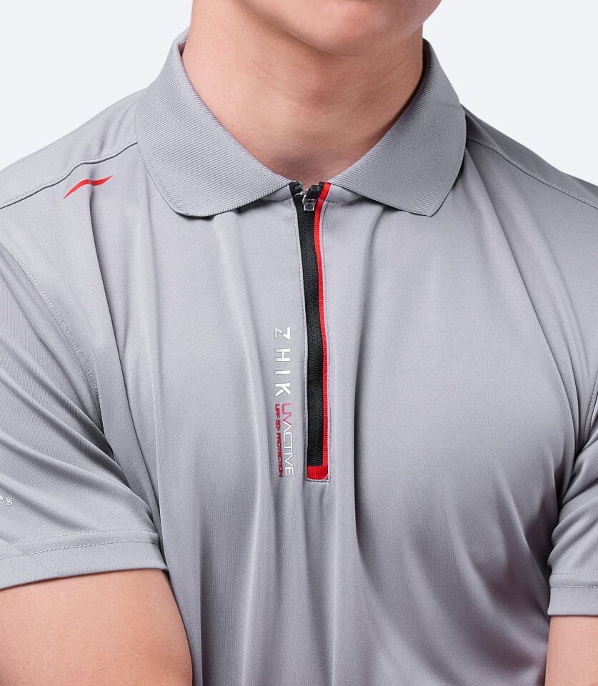UVActive™ Fermuarlı Spor Polo Kısa Kollu Gri