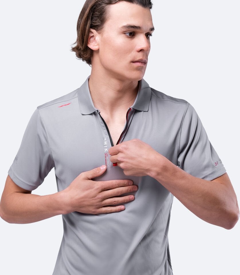 UVActive™ Fermuarlı Spor Polo Kısa Kollu Gri